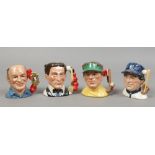 Four miniature Royal Doulton character jugs'; The Baseball Player D6878, Henry Cooper D7050, The