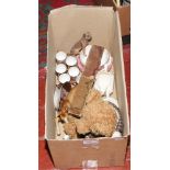 A box of miscellaneous to include Coalport figure, teddy bear, Sadler, Royal Albert, slide ruler