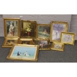 A quantity of gilt framed pictures and prints including still life oil on canvas interior scene,