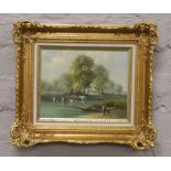 A gilt framed oil on board, river landscape with cattle grazing and figures to the foreground, 19.