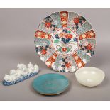 Four pieces of Asian art and Imari brocade pattern dish, Chinese cloisonne saucer dish, a