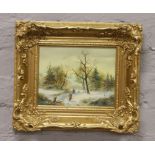 A gilt framed oil on board figures walking in a winter landscape, signature indistinct 19 x 24cm.