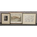 Three framed engravings architectural plan, seated lady at breakfast and coloured Harron School