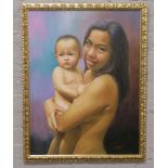 A gilt framed oil on canvas on board portrait of mother and child, C.S. Java 2002