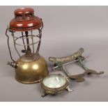 A brass Tilley lamp with enamel dome and two brass oddments.