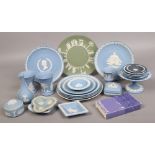 A collection of mainly Wedgwood Jasperware in blue and green.