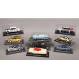 Six boxed Escala Diecast model rally cars and three Diecast American classics Cadillac, Chevrolet