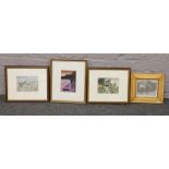 Four framed prints including an engraving of a deer hound, two by Mick Cawston etc.