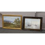 S. Fletcher gilt framed oil on canvas rural landscape with shepherd sheep and lake, 10.5 x 7.5cm