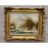 J. Borghout, a gilt framed oil on board figures in a rural winter river landscape, 16.5 x 22.5cm.