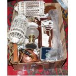 A box of collectables to include vintage copper pans, Swedish gold plated cutlery, light fittings,