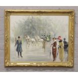 J. Collar, a gilt framed oil on canvas Parisian street scene with horse drawn coach and figures to