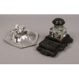 An Art Nouveau Gallia silver plated desk stand with original glass inkwell, along with another