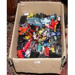 A box of modern model cars including Diecast examples, Lledo, Hot Wheels and Real Toy.