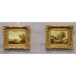 Livi Dyke, a pair of gilt framed oils on boards, both depicting figures in rural landscapes, both