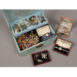 A jewellery box and assorted vintage costume jewellery including novelty brooches, smokey quartz