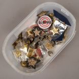 A box of collectables including pin badges, military buttons, cufflinks etc.