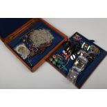 An oak cutlery box and contents of vintage and antique costume jewellery to include brooches, rosary