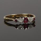 An 18ct gold and platinum ruby and diamond fiver stone ring, size P.