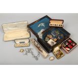 A Victorian rosewood box containing mixed costume jewellery including white paste necklet, marcasite