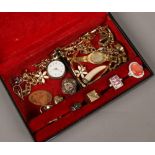 A box of costume jewellery to include ladies wristwatch, dress rings, micro mosaic brooch etc.