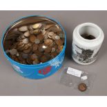 A tin of mainly British pre decimal coins.