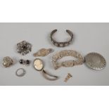 A quantity of silver and white metal jewellery including a Danish pewter brooch, Indian bangle,