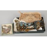 A box of vintage costume jewellery including split cane bead necklace, coloured and white paste