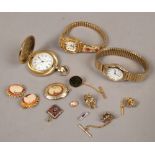 A quantity of yellow metal ladies dress watches and cameo set jewellery.