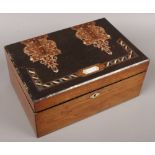 A Victorian mahogany decorated jewellery box inlaid with abalone shell with fitted interior.