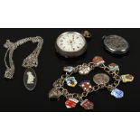 A collection of silver to include fob watch, pendant and chain, locket and charm bracelet, 65-81