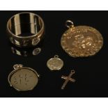 Five pieces of Charles Horner 9ct gold including wedding band, astrology medal etc 10.6 grams.