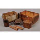 Two pine advertising boxes Old Toms Cough Tablets and Lifebuoy Soap along with a contents of treen.