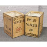 Two vintage wooden tea chests with stencil lettering.