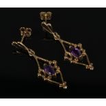 A cased pair of 9ct gold amethyst pendant earrings.