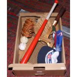 A quantity of mostly US baseball equipment including two leather catchers gloves, a bat, two