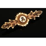 A cased 15ct gold sapphire and diamond bar brooch. (2.61g)