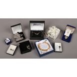 A box of mainly silver jewellery including Pandora ring, Rennie Mackintosh style, Whitby jet, bangle