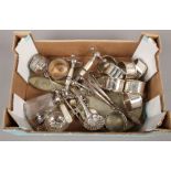 A box of silver and silver plated items to include silver top scent bottle, assayed Birmingham