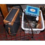 A basket of miscellaneous to include costume jewellery boxed child's teaset, vintage brass