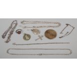 A box of silver jewellery etc including George IV silver Crown, modern Albert watch chain, locket,