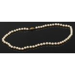 A string of simulated pearls with 9ct floral clasp.