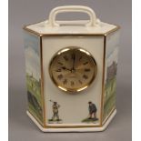 A hexagonal ceramic quartz clock with views of famous golfing venues by Pointers of London and