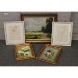 A gilt framed oil on canvas, rural landscape scene, along with two gilt framed oil on board floral