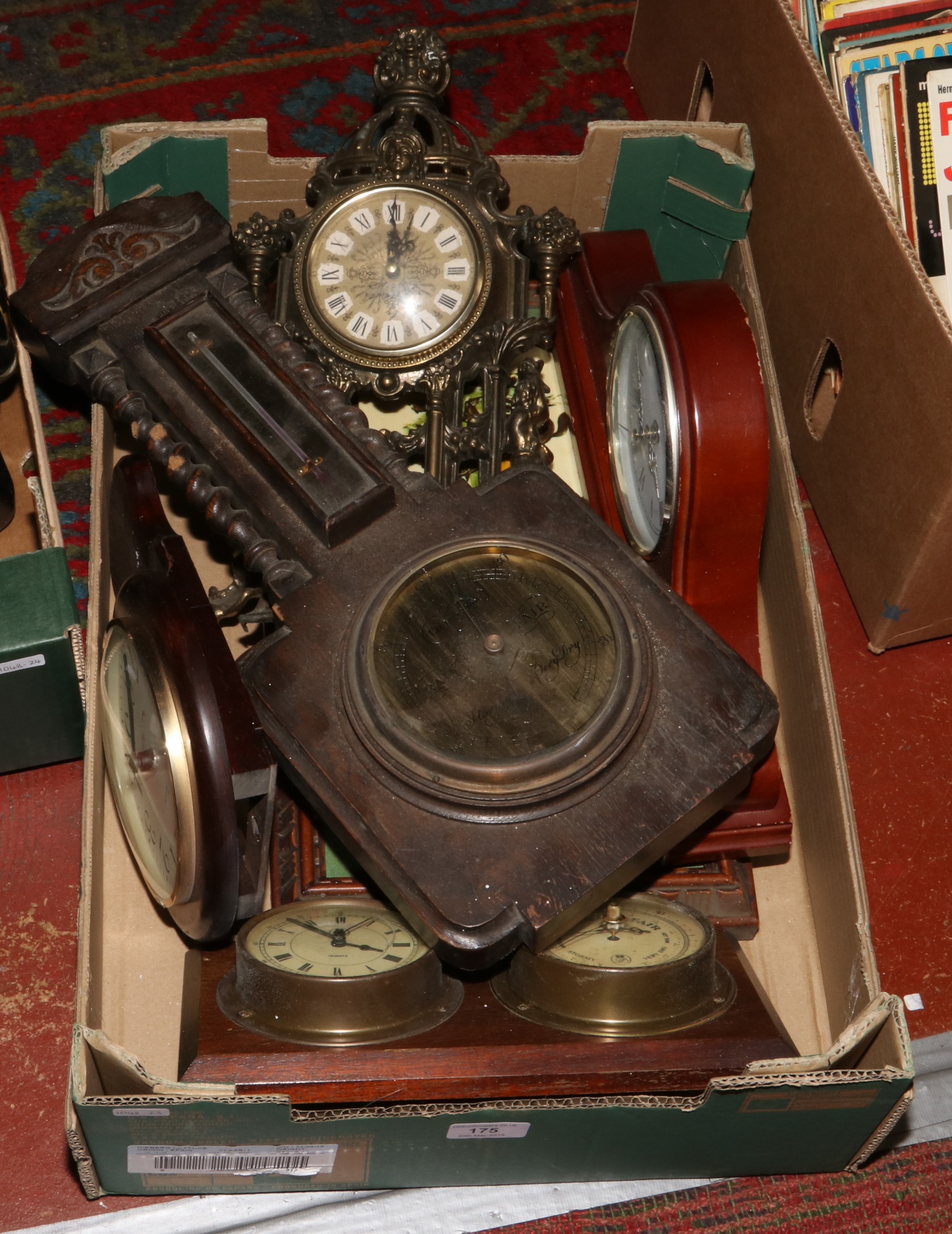 A box of clocks and barometers to include H. Pearce & Sons Huddersfield barometer, mantle clocks,