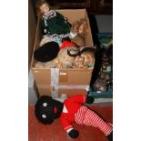 A box of dolls to include bisque head examples, musical bear etc.