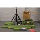 A replica World War II USA AF Browning M" 50 calibre machine gun prop in wooden crate, along with