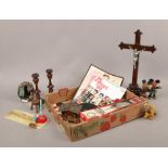 A box of collectables including crucifix, Micky and Minnie Bendy toys, plush mo-hair pug toy, turned