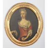 An 18th century Continental gilt framed oval oil on canvas. Portrait of a lady, label for George