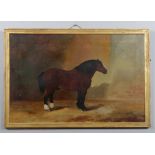 A 19th century equestrian oil painting on canvas in gilt mount. Stable interior with a bay